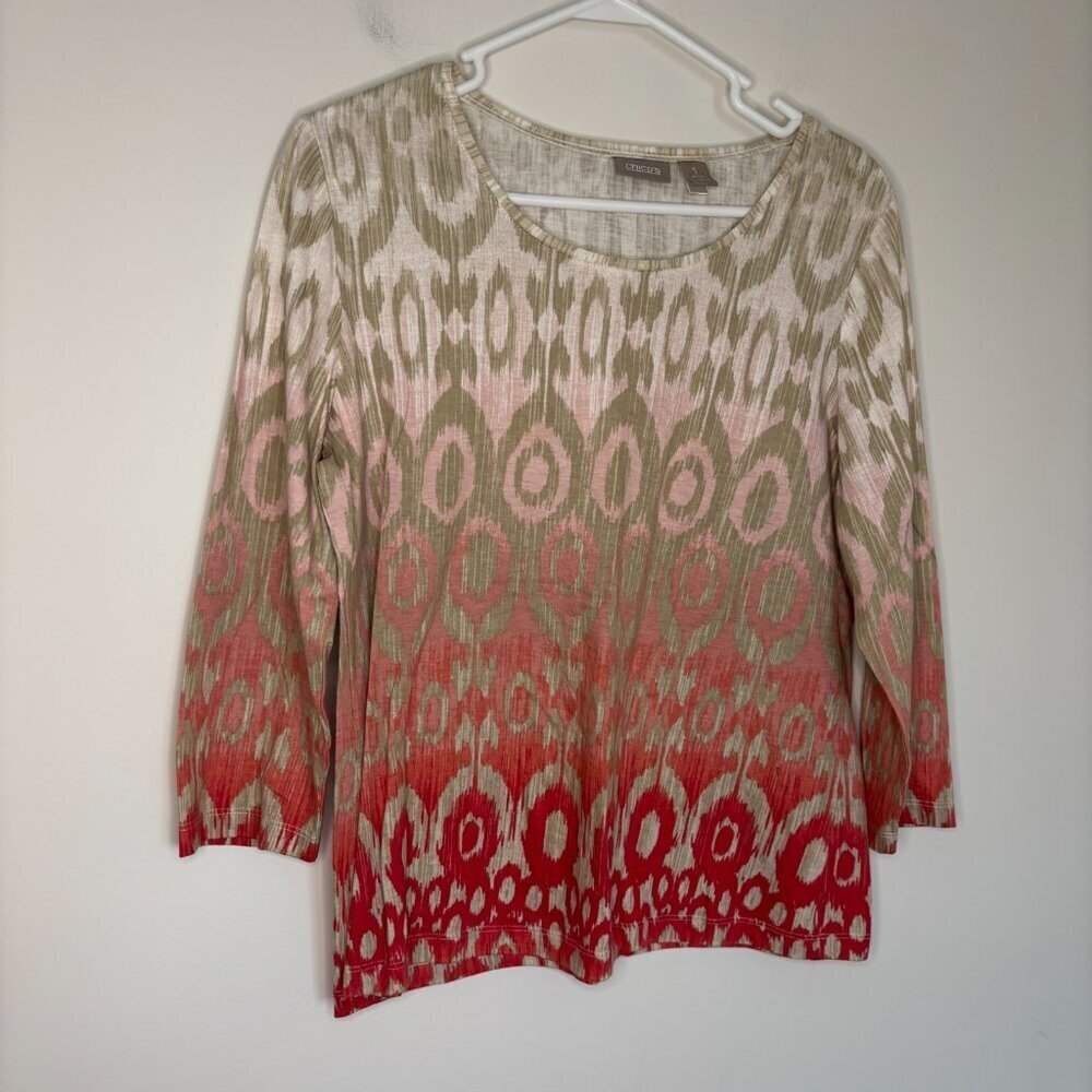 CHICO'S 3/4 Sleeve Ombre Tee Womens M Pink Tan Stretch Geometric Casual Light